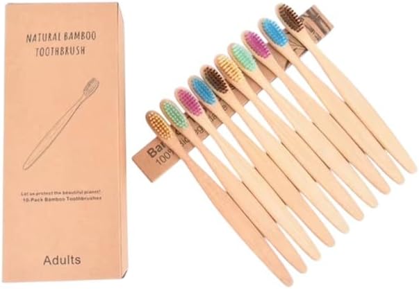 Natural Bamboo Toothbrushes, Colorful Soft Bristles, Manual, Adult, 10 Pack